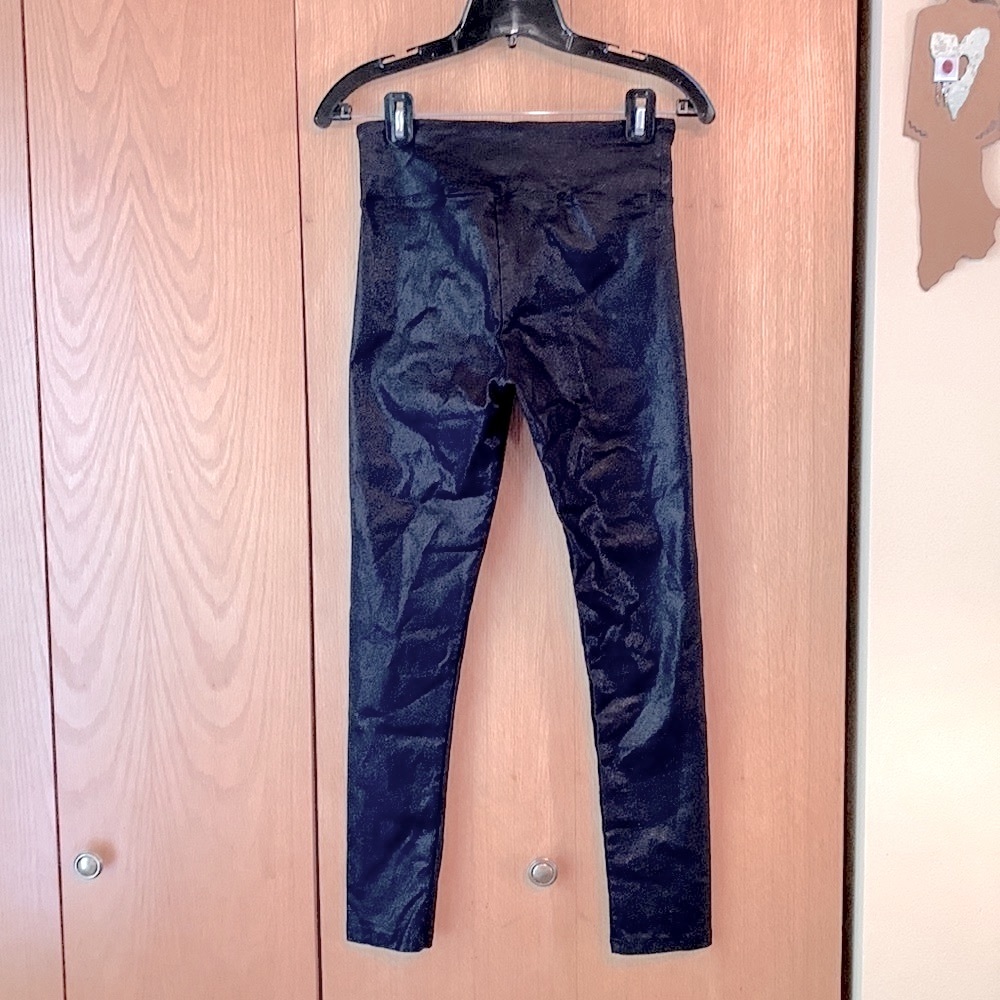 Shinestar Med black sparkly glitter shiny stretch woven ankle leggings pants EUC